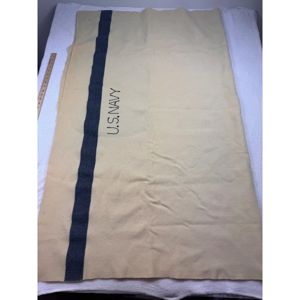 Vintage US Navy Wool Medical Blanket Cream Tan with Blue Stripe Military Issue